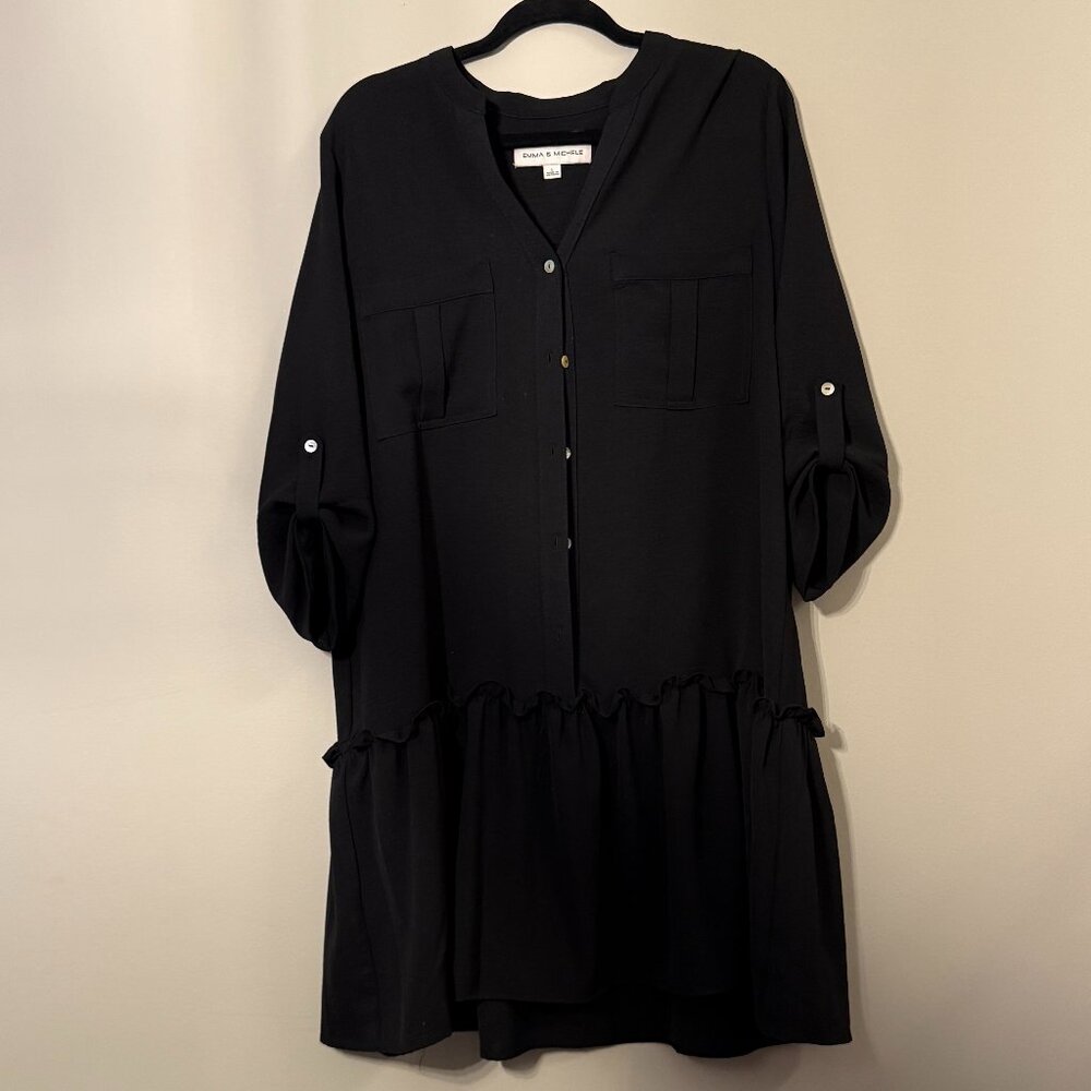 Emma and Michele Black Shirt Dress with bottom ruffle